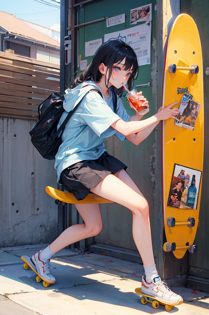 beautiful girl、Drinking alcohol、Riding a skateboard