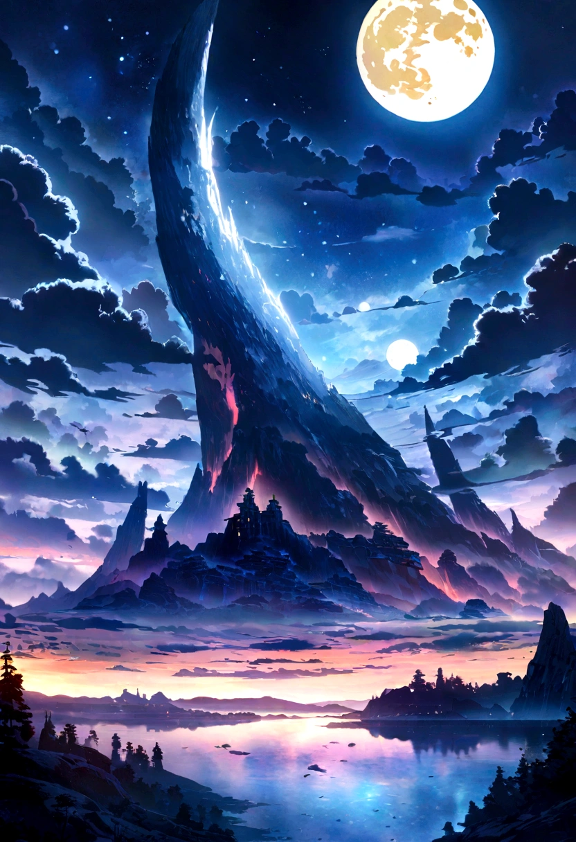 Condensed beauty,Wear Jiangtian, Xing Yue Paintings, Concept art inspired by Mitsuoki Tosa, pixiv Contest Winner, Highest quality, Fantasy art, Beautiful anime scene, Bright Moon, Starry Sky environment in moonlight, Dream painting, Anime Background Art, dream scenery art, Great night, Anime Background, Background artwork, Dreamy art, Atmospheric anime, Starry Sky, Detail enhancements.