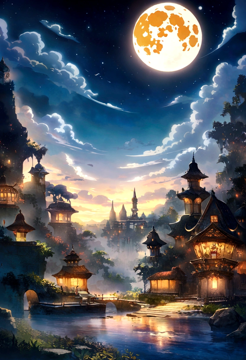 Condensed beauty,Wear Jiangtian, Xing Yue Paintings, Concept art inspired by Mitsuoki Tosa, pixiv Contest Winner, Highest quality, Fantasy art, Beautiful anime scene, Bright Moon, Starry Sky environment in moonlight, Dream painting, Anime Background Art, dream scenery art, Great night, Anime Background, Background artwork, Dreamy art, Atmospheric anime, Starry Sky, Detail enhancements.