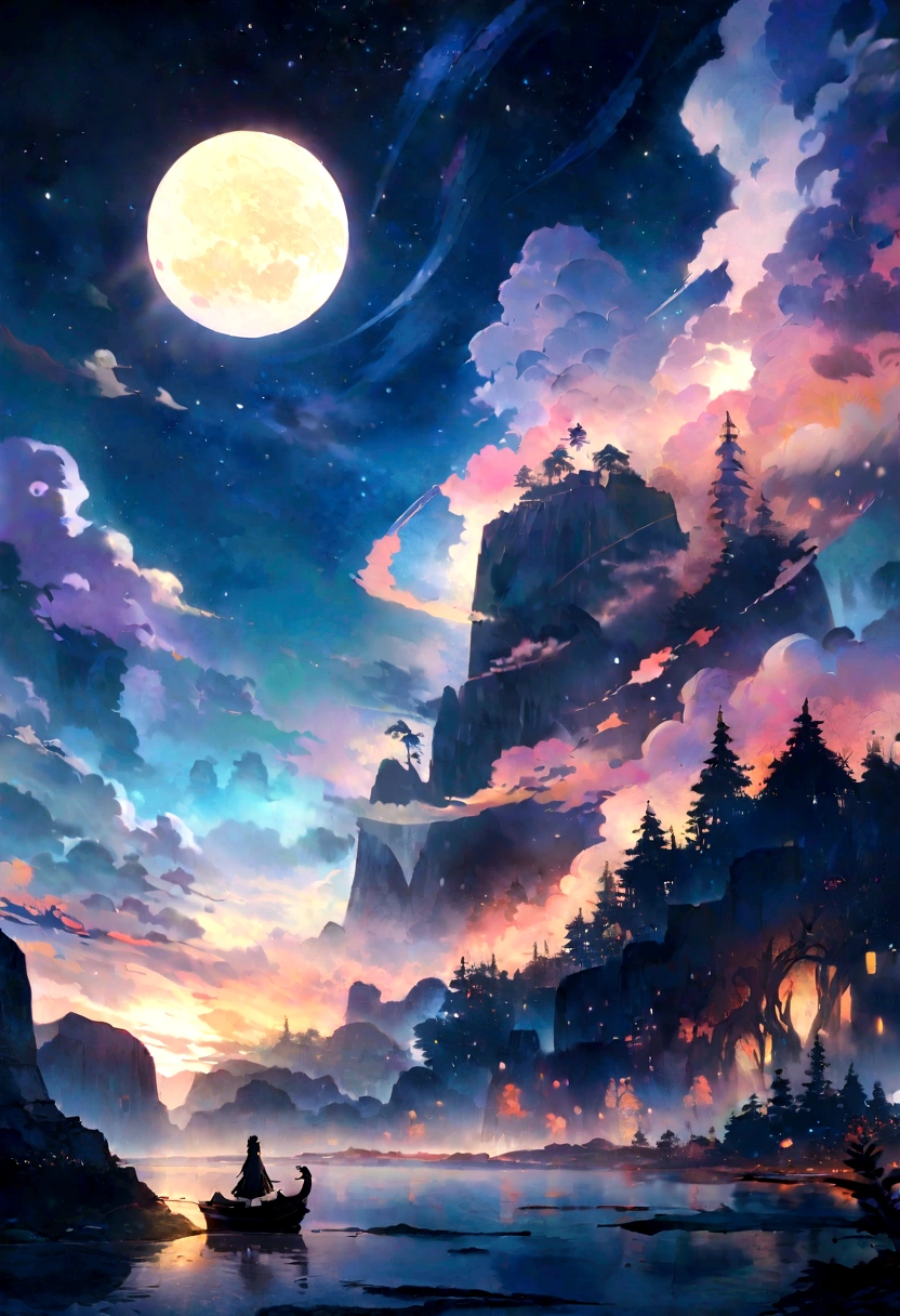 Condensed beauty,Wear Jiangtian, Xing Yue Paintings, Concept art inspired by Mitsuoki Tosa, pixiv Contest Winner, Highest quality, Fantasy art, Beautiful anime scene, Bright Moon, Starry Sky environment in moonlight, Dream painting, Anime Background Art, dream scenery art, Great night, Anime Background, Background artwork, Dreamy art, Atmospheric anime, Starry Sky, Detail enhancements.