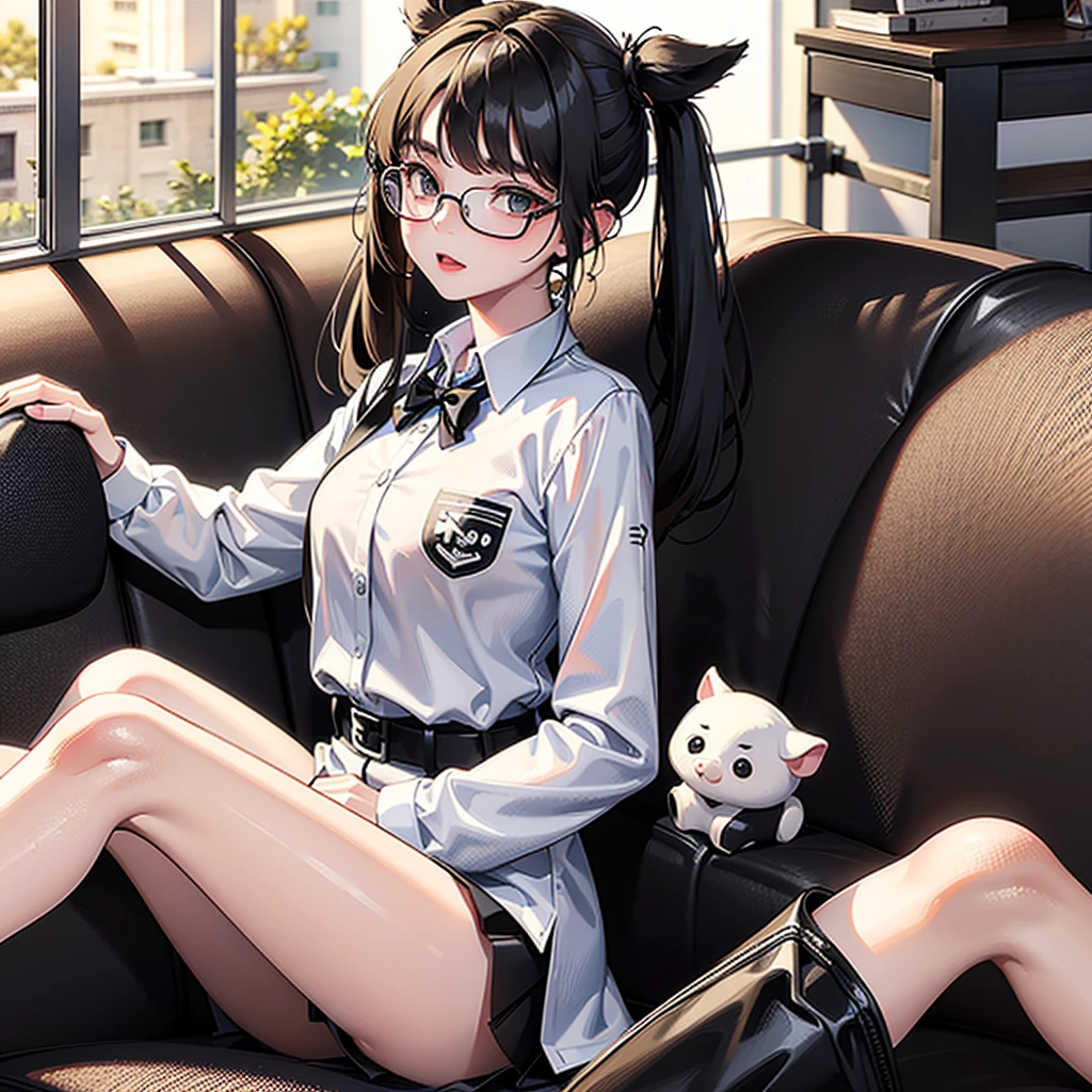 A 3D Photo of Only one Women who have black pig tail  Portrait with a white student shirt and wear glasses 