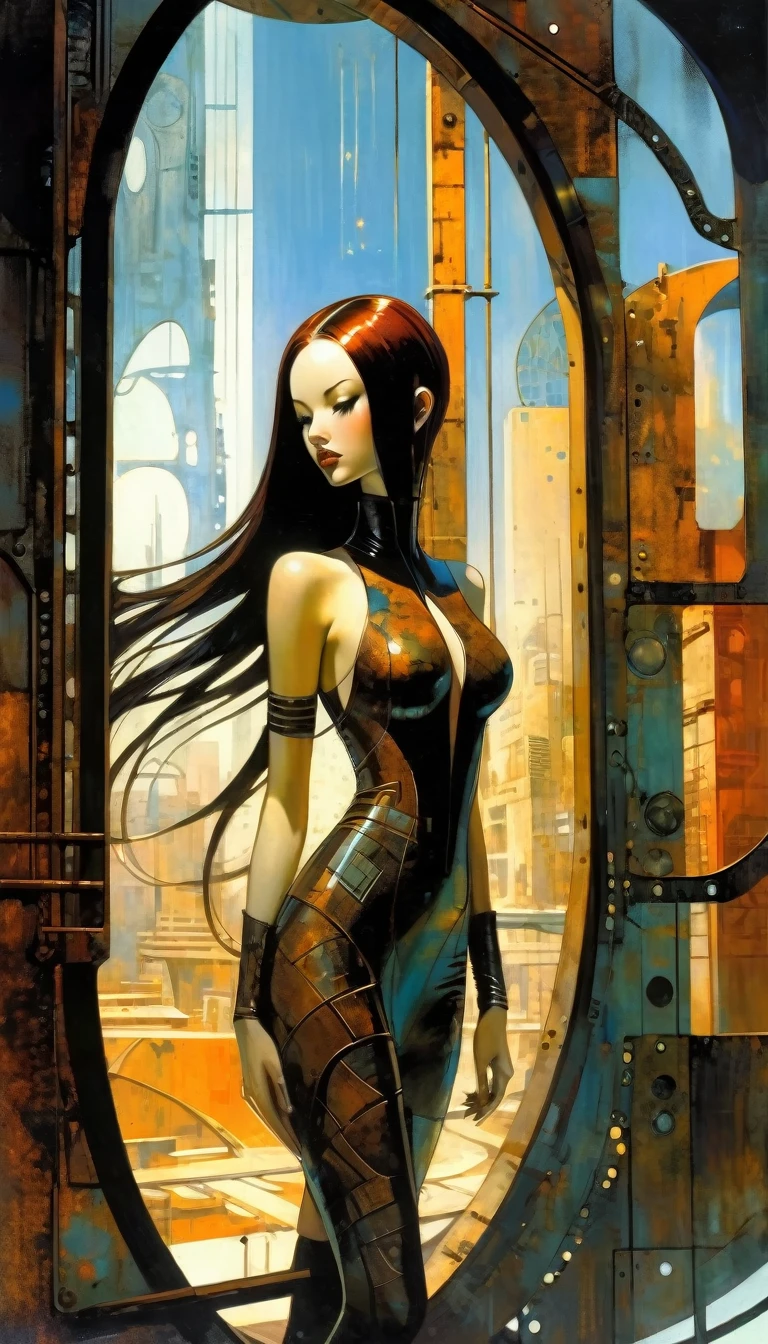 sexy girl futuristic long hair, sexy futuristic tight dress, big window in rusty metal room, futuristic city.1.5, rusty metal city, lots of details (Dave Mckean inspired art, intricate details, oil painting)