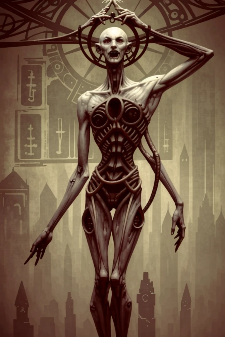  monstrous, Beautiful, Masterpiece, Best quality, perfect lighting, monster smile with crooked fangs, mask covering eyes, vitruvian man, Very skinny, disproportionately long arms, A sinister aura, something, chained, deity, pentagrams, cultist clothing