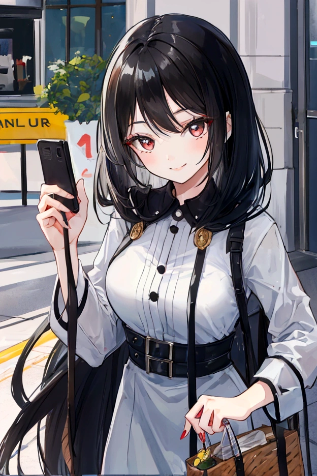 Girl with long, black hair, speaks on the phone and smiles