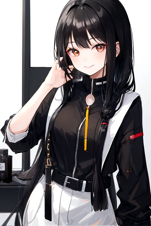 Girl with long, black hair, speaks on the phone and smiles