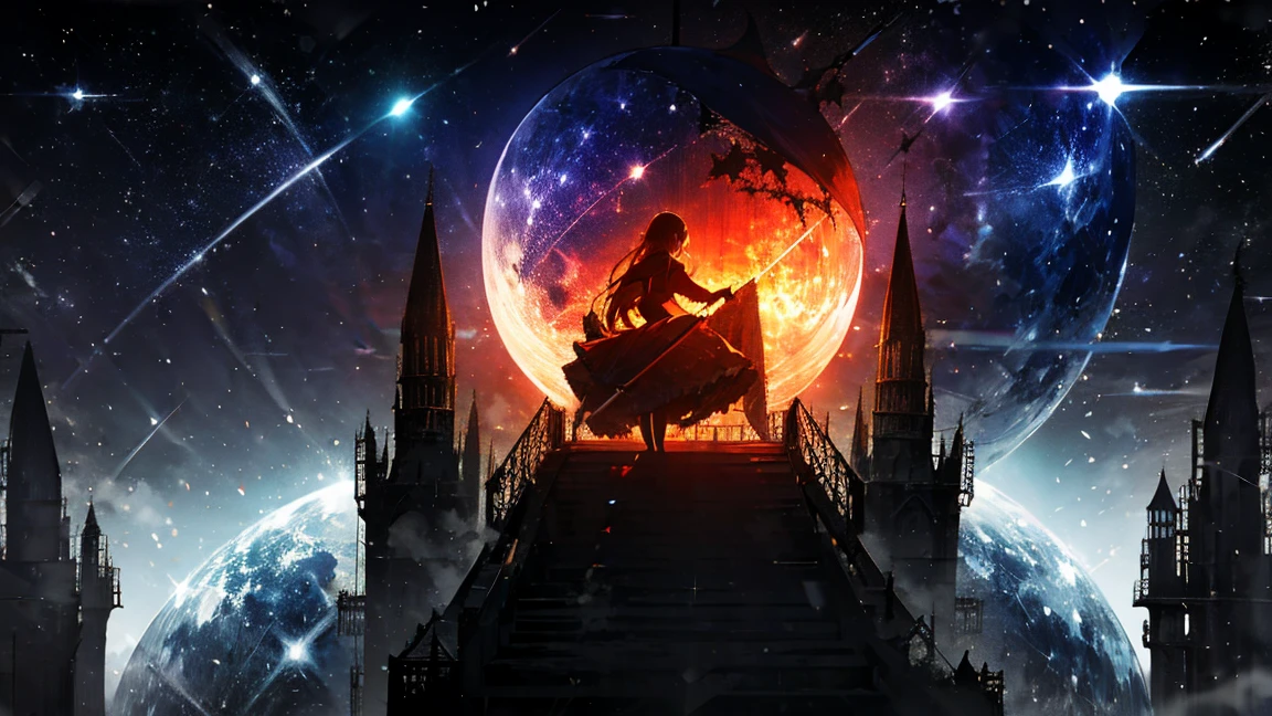 Create an image featuring a witch as the central figure. The witch is riding a broomstick, and the background is themed around a night sky with celestial bodies, inspired by a retro, mechanical stage set design. The stars should be depicted as if they are hanging from the ceiling by piano wires. The perspective should be from a slightly elevated, overhead view looking down at the entire setup. The scene should evoke a magical, otherworldly atmosphere.