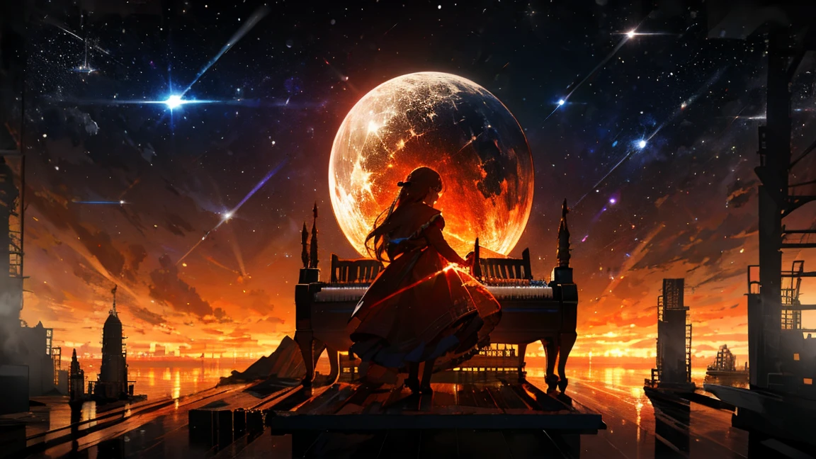 Create an image featuring a witch as the central figure. The witch is riding a broomstick, and the background is themed around a night sky with celestial bodies, inspired by a retro, mechanical stage set design. The stars should be depicted as if they are hanging from the ceiling by piano wires. The perspective should be from a slightly elevated, overhead view looking down at the entire setup. The scene should evoke a magical, otherworldly atmosphere.