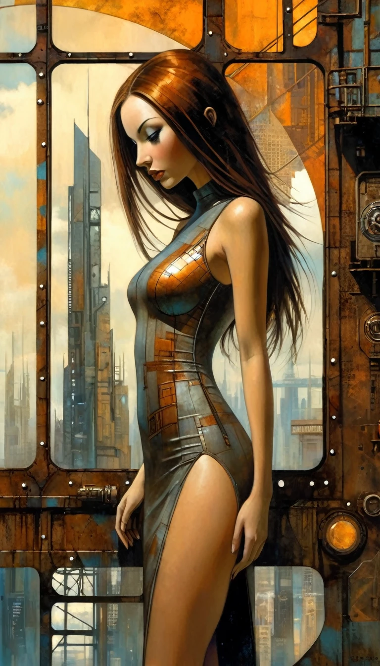 sexy girl futuristic long hair, sexy futuristic tight dress, big window in rusty metal room, futuristic city.1.5, rusty metal city, lots of details (Dave Mckean inspired art, intricate details, oil painting)

