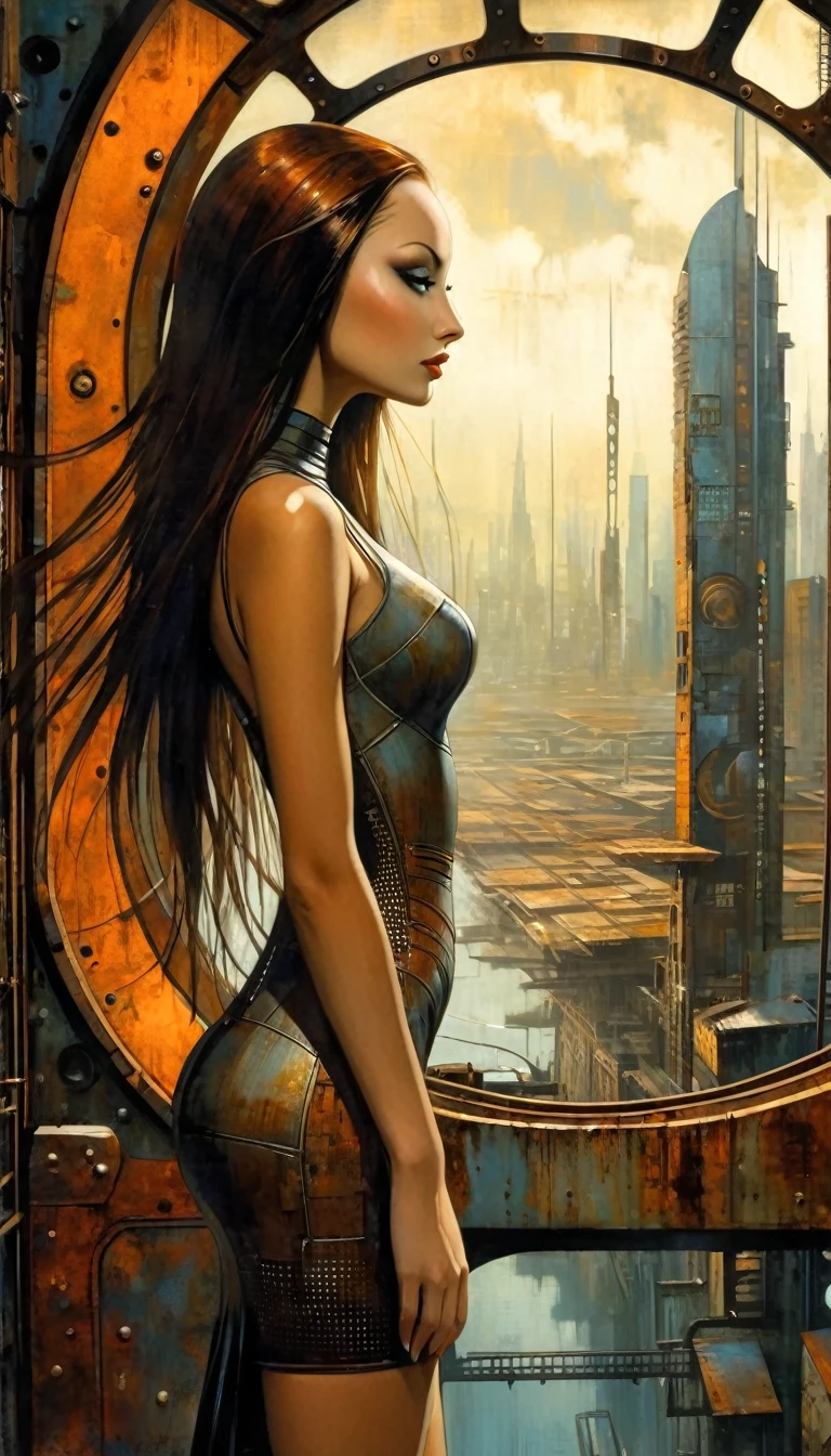 sexy girl futuristic long hair, sexy futuristic tight dress, big window in rusty metal room, futuristic city.1.5, rusty metal city, lots of details (Dave Mckean inspired art, intricate details, oil painting)
