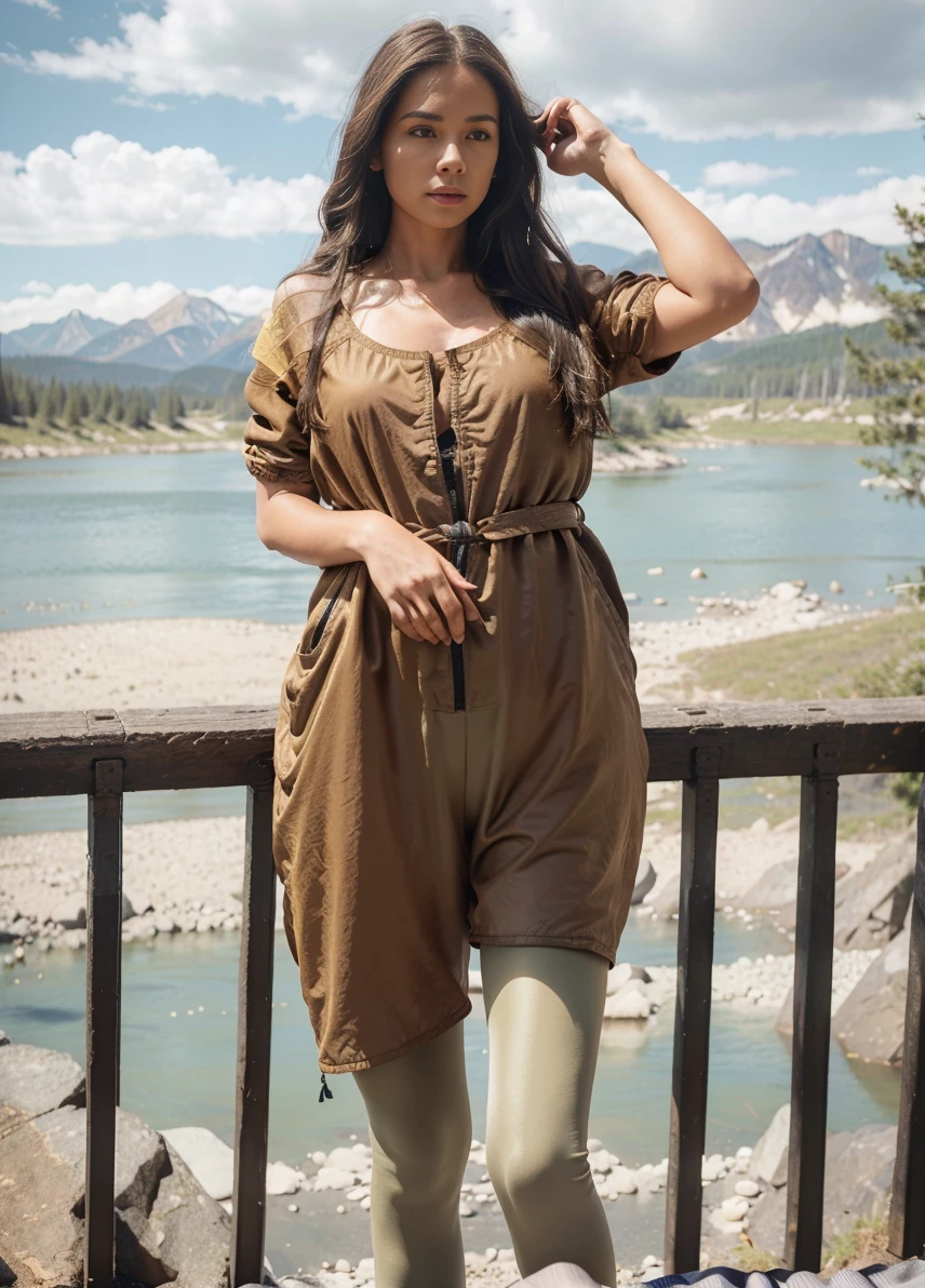 hyper-realistic photo of woman, (wearing black cotton leggings, ocher down jacket, closed) (silky, loose hair) (skin texture), mountains, nature, trees , rocks, river, current, smoke, campfire (camping inspiration) analog quality, best shadow, film grain, high contrast, raw, lut instagram