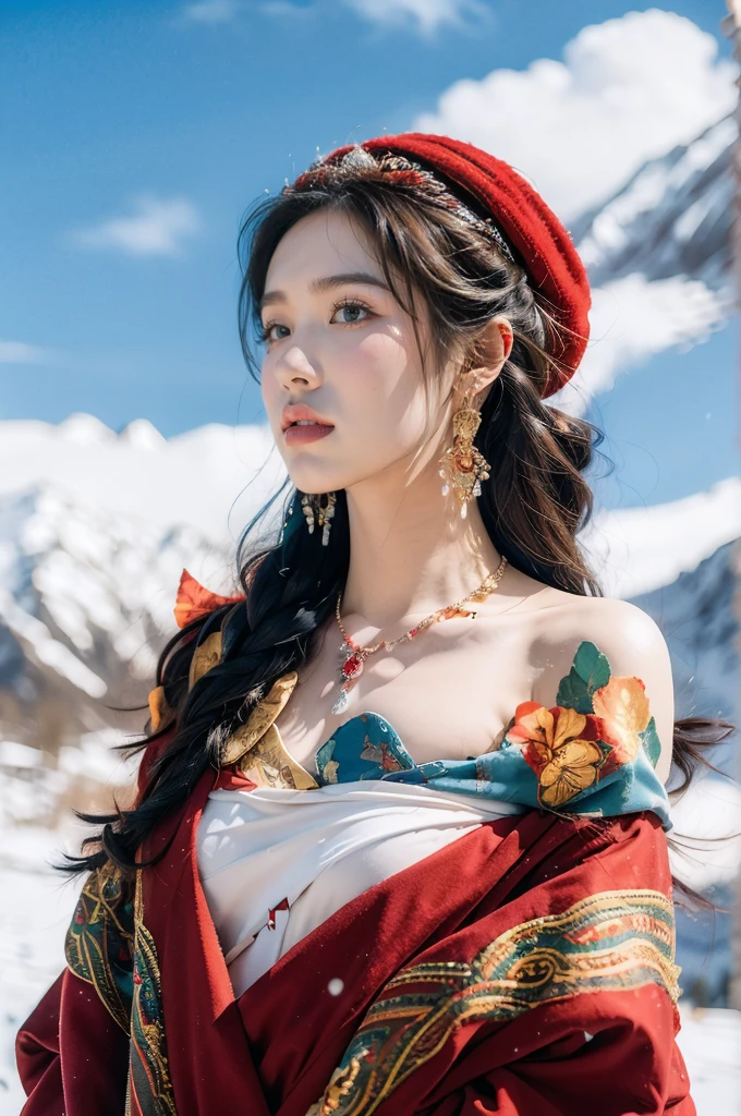 (masterpiece, best quality:1.2),strapless red bra,1 Tibetan girl, blue sky, cloud, cloudy sky, day, earrings,Plush hat, horizon,Tibetan Earrings,jewelry,necklace, lips,snow mountain, outdoors, parted lips, red lips, solo,flat chest,close-up of face