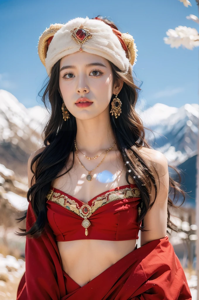 (masterpiece, best quality:1.2),strapless red bra,1 Tibetan girl, blue sky, cloud, cloudy sky, day, earrings,Plush hat, horizon,Tibetan Earrings,jewelry,necklace, lips,snow mountain, outdoors, parted lips, red lips, solo,flat chest,close-up of face