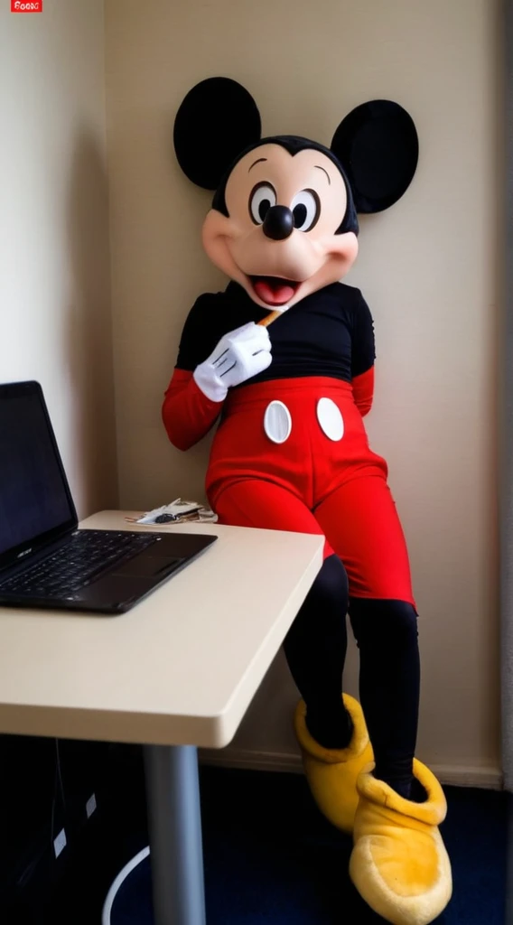 Imaginez Mickey Mouse portant un survêtement à la mode, avec une sacoche en bandoulière, assis sur son lit en train de fumer une cigarette. La chambre est celle d'un jeune en grand désordre : des vêtements éparpillés sur le sol et les meubles, des posters de jeux vidéo et de musique sur les murs, un bureau encombré de livres, de cahiers, et de gadgets électroniques. Il y a des mégots de cigarette et des cendriers pleins un peu partout, et une lumière tamisée émane d'une lampe de chevet en désordre.