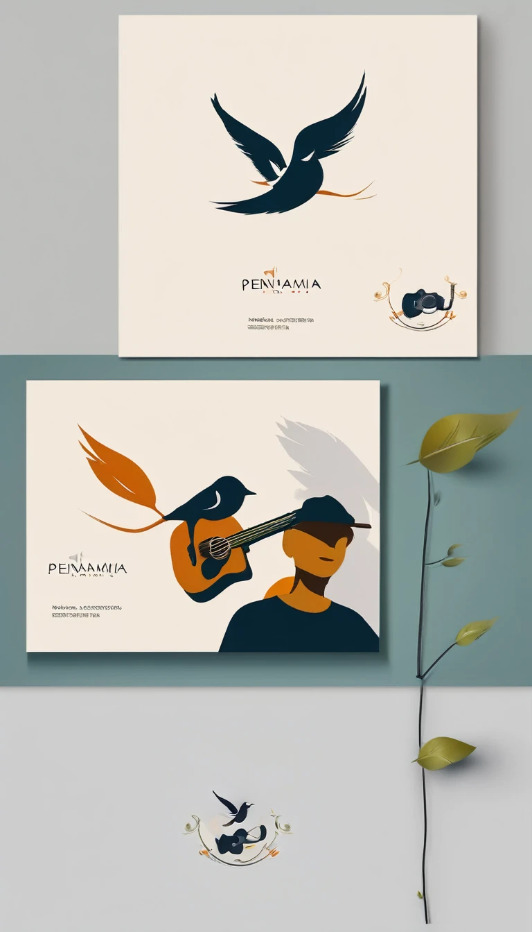 Create a modern, minimalistic logo design for a brand about music and movies called " PENAMEMORIA" . The logo must be in minimalistic style and convey a sense of storytelling. The logo is a simple silhouette of a boy happily running with open arms and holding an acoustic guitar in his right hand. The boy is playing with a bird and a feather. Modern logo, unique, creative, fantastic, memorable, elegant.