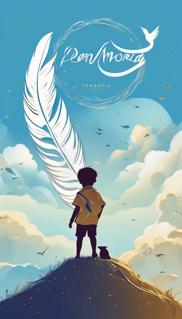 Create a minimalistic, simple, fantastic, easy to understand, logo design of a boy and a feather for an upcoming Brand called " Penamemoria". Create the logo in the center. A fantasy theme with birds and feathers as background, blue sky, white clouds. Use the colours light blue, white, golden in the logo. The logo design must convey a sense of storytelling, memories, dreams and music. Must convey a feeling of being a true Dreamer.
