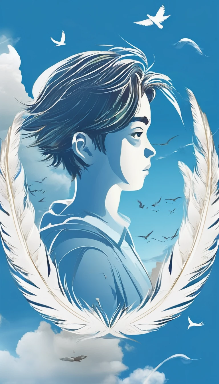 Create a minimalistic, simple, fantastic, easy to understand, logo design of a boy and a feather for an upcoming Brand called " Penamemoria". Create the logo in the center. A fantasy theme with birds and feathers as background, blue sky, white clouds. Use the colours light blue, white, golden in the logo. The logo design must convey a sense of storytelling, memories, dreams and music. Must convey a feeling of being a true Dreamer.
