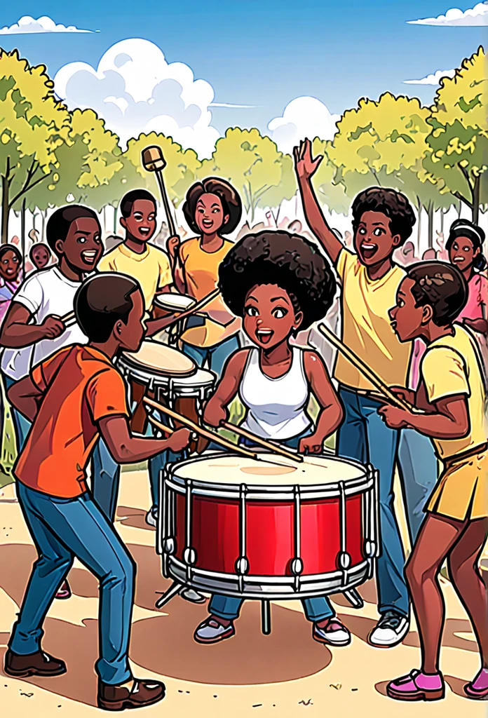 Comic where black people and drumming. Outdoor
