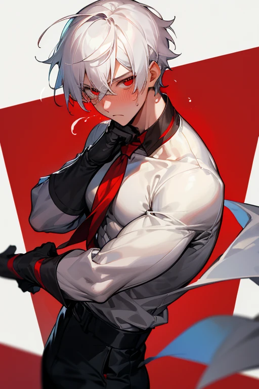 male、White Hair、Short Hair、Red Eye、Cold-blooded man、Handsome、Well-built、Cold Face、Well-formed face、The top of the clothes flies off、!?、surprise、Eyes Wide Open、Embarrassing、blush、Sweat、With a red face、Ears are red、Black trousers、