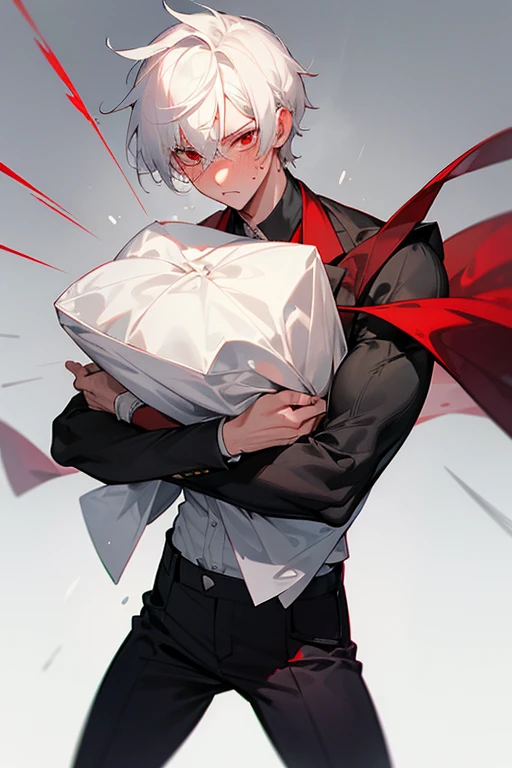 male、White Hair、Short Hair、Red Eye、Cold-blooded man、Handsome、Well-built、Cold Face、Well-formed face、The top of the clothes flies off、!?、surprise、Eyes Wide Open、Embarrassing、blush、Sweat、With a red face、Ears are red、Black trousers、