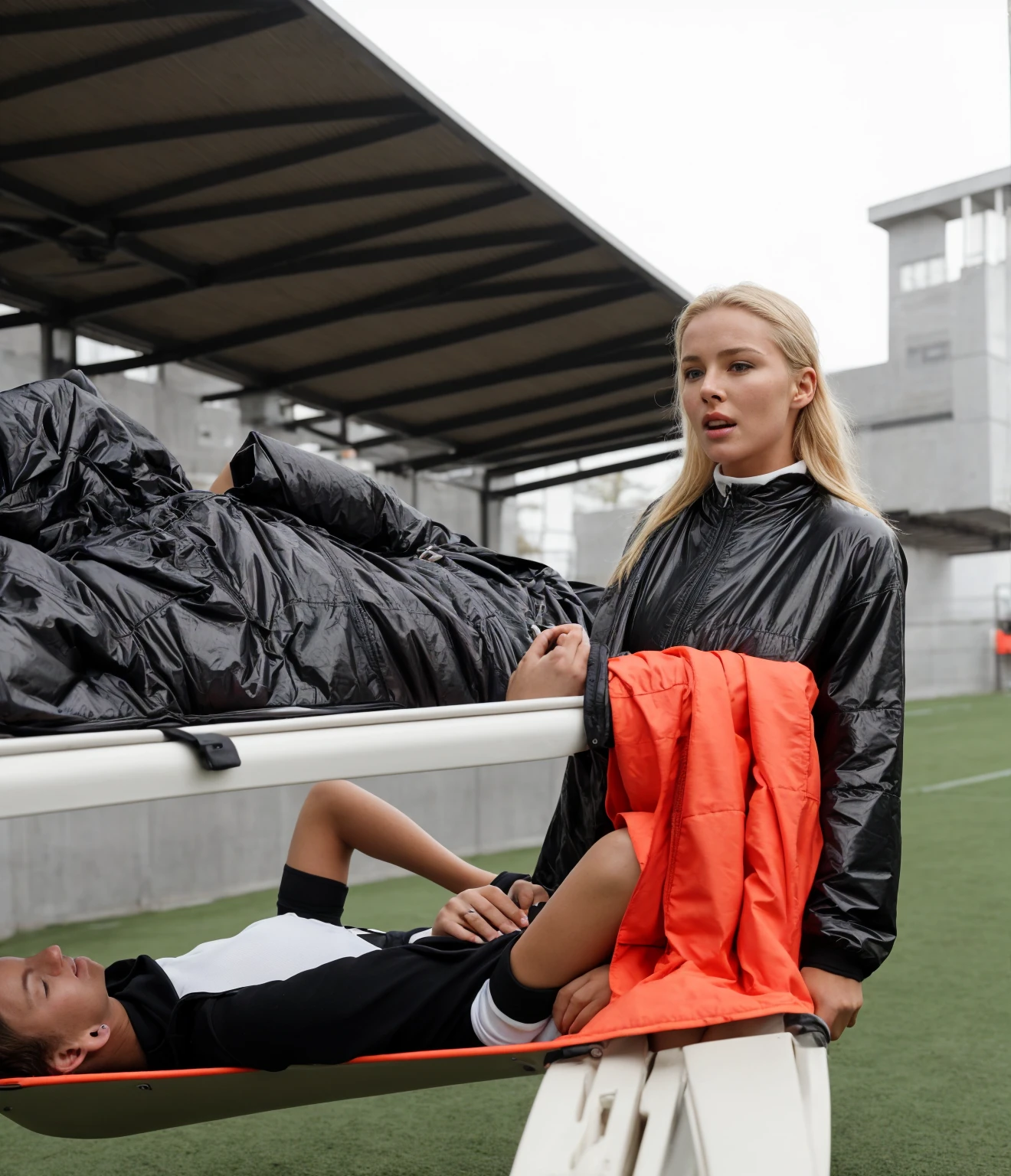 📷, soccer accident, sports injury, soccer match in a crowded stadium, injury scene, there is a sportsman in matte cotton sportswear lying injured on a stretcher, there is an injured sportsman in matte cotton sportswear lying on his side on a stretcher with a bandaged ellbow, an injured sportsman in matte cotton sportswear is lying on his side on a strecher being carried by an extrovert blond woman in a high shine long moncler coat, an injured sportsman is writhing in ecstasy on a stretcher while lying on his side, dramatic pity pose, there is a blond shouting and crying woman in a high-shine puffy coat, a high-shine black down coat, a long black moncler coat, a wetlook down coat, a wet black laquered coat, a excited screaming blond woman is wearing a wetlook black latex-coat, injured, medic, soccer action pose, affection pose, lecherous action pose, dramatic action pose, theatralic pose, there is an attractive woman that is carrying a sportsman in matte cotton sportswear, there is a beautiful woman in a shiny coat who is carrying a man on a stretcher, a longhaired beautiful woman in a high-shine black puffy coat, a longhaired woman in a shiny downcoat, a woman is carrying a shorthaired man in matte cotton sportswear on a stretcher, a weak man in spots shorts is consciousless and needs to be carried, a shorthaired man with a bandaged ellbow is carried away on a stretcher, a woman looks very scared and terrified, a sportsman in matte cotton sportswear is suffering very much on a stretcher, photo, photo shoot, photographed , accident, help, aid, first aid, pity