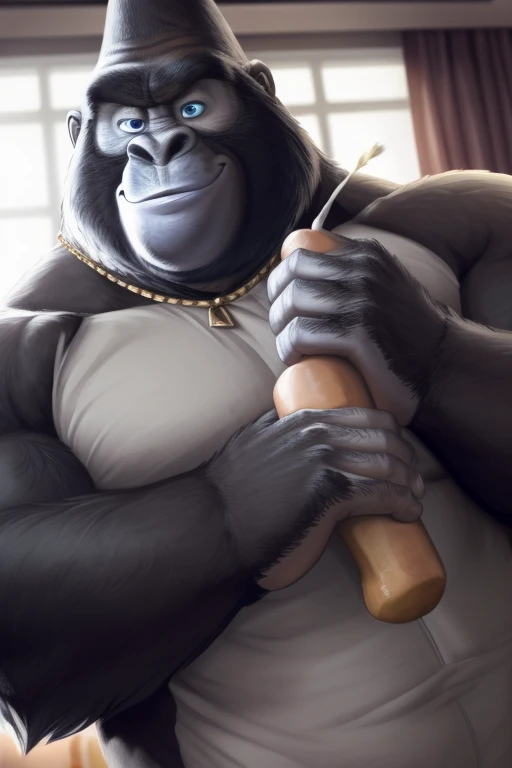 Big Daddy (SING), Only, mature male, gorilla, muscular, velludo, prominent pectorals, male nipples, slightly fat, (Soft shading), 4k, anything, Five fingers, detailed hands, ((detailed face, (detailed eyes:1.0), detailed)), (Whole body), por zackary911, by zaush, (by personals:0.5), naked, big penis, uncut penis, smiling, kneeling with arms bent, background of a prison cell