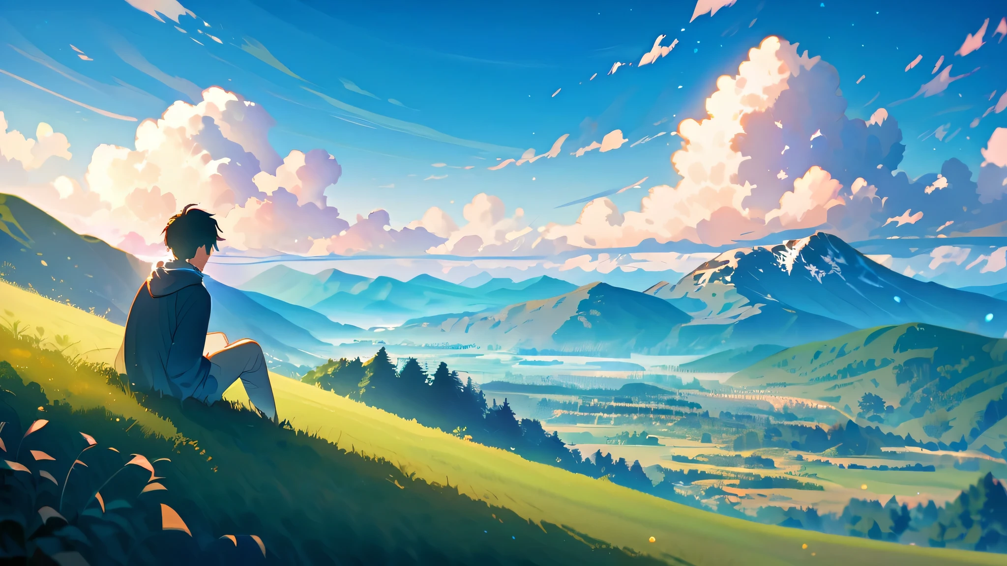 Anime Landscape，A person sitting on a mountain looking at the mountain generates an 8K AI image，Showing a young man sitting on a picturesque cliff looking at the mountains, Blue sky, Peaceful and tranquil atmosphere. The camera is at a long distance, Capture him gazing at the beauty around him. It is a peaceful rolling hills, Vibrant meadows, The blue sky is dotted with white clouds. The sun bathes the earth gently, Casts a warm hue across the scene，Creates a feeling of calm and contentment. His expression reflects his youthful energy and joy., Perfectly complements the beauty of the tranquil background.