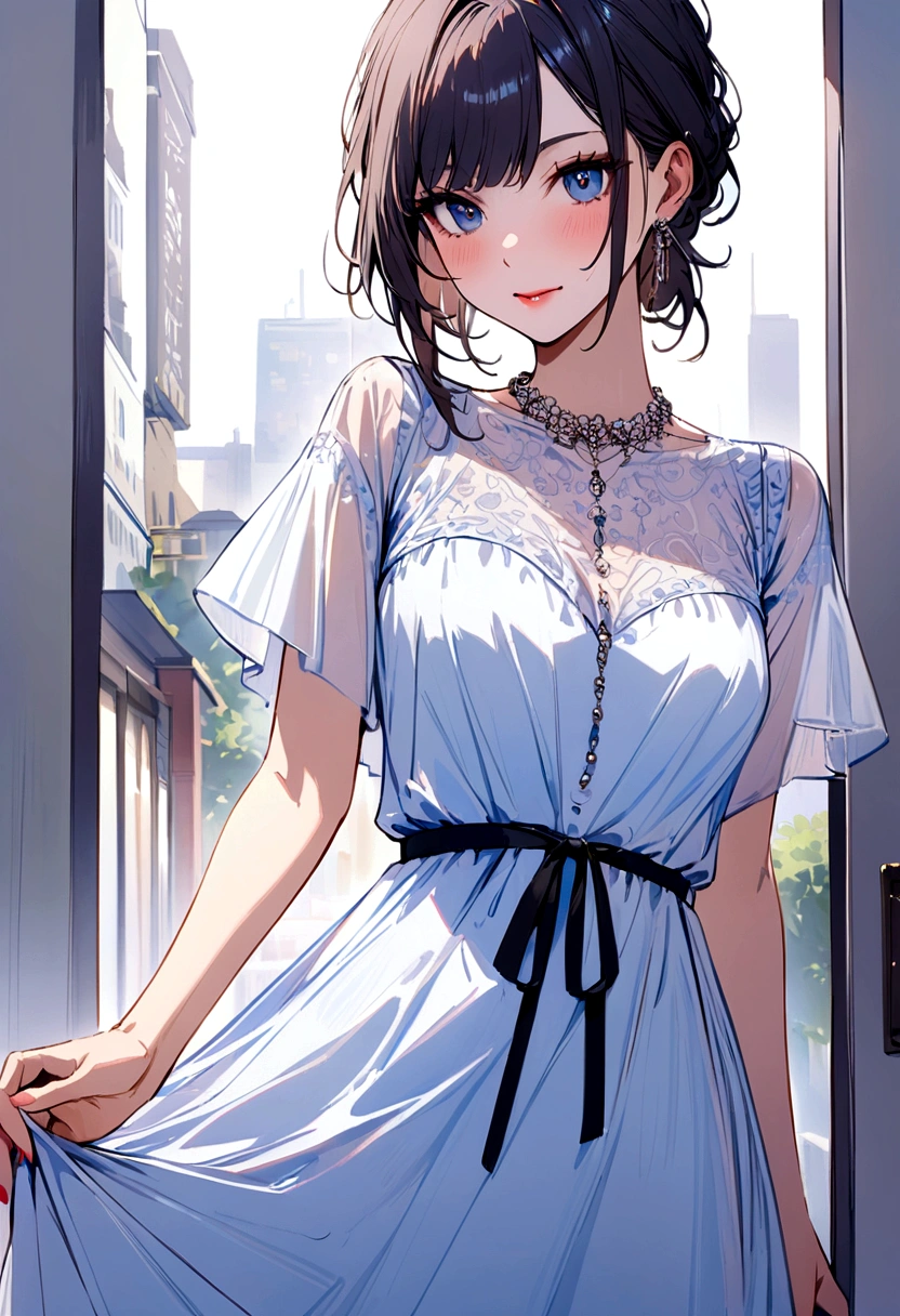 Woman wearing a blue white red dress with the inscription RN on the dress