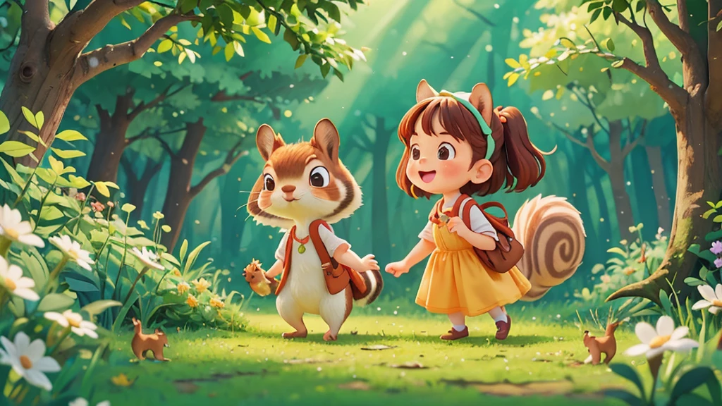 Cute one  , Sarah and the squirrel sharing a joyful moment in the forest ,pixar style, best quality, stills,