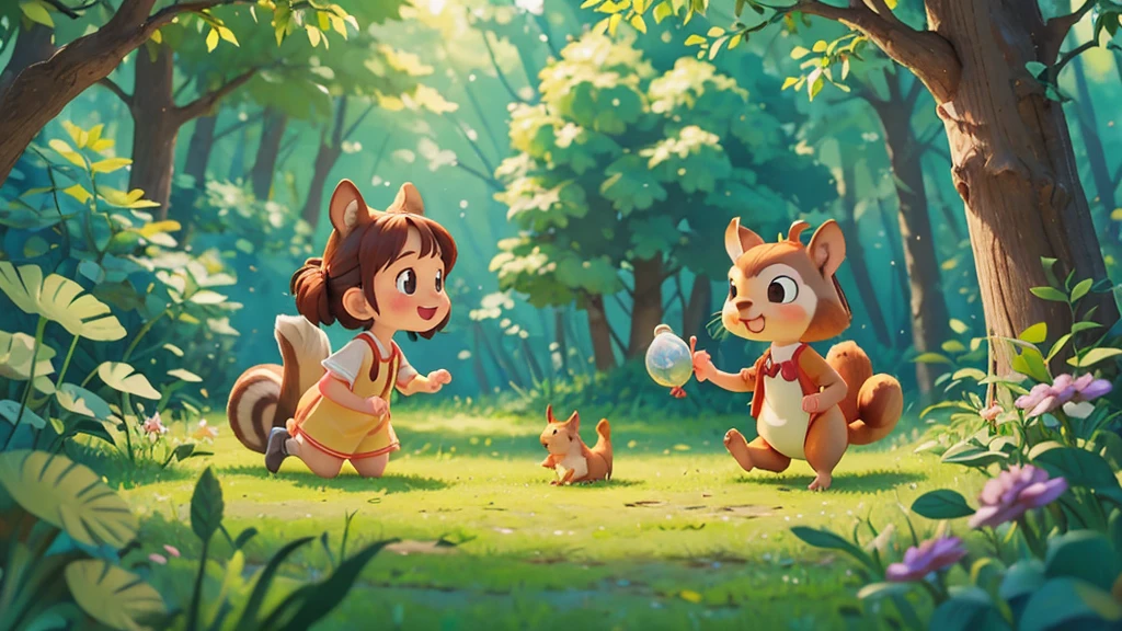 Cute one , Sarah and the squirrel sharing a joyful moment in the forest ,pixar style, best quality, stills,