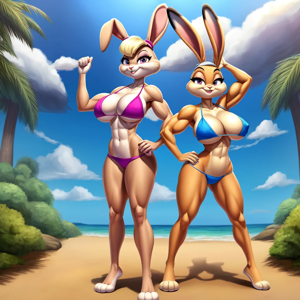 ((Best quality)), ((masterpiece)), (detailed), Lola bunny, Judy hops, 2 persons, two characters, Lola bunny: high, Medium breasts , long legs, wide hips, bikini, Judy hopps: high, Large legs, long legs, muscles , bikini, big breasts