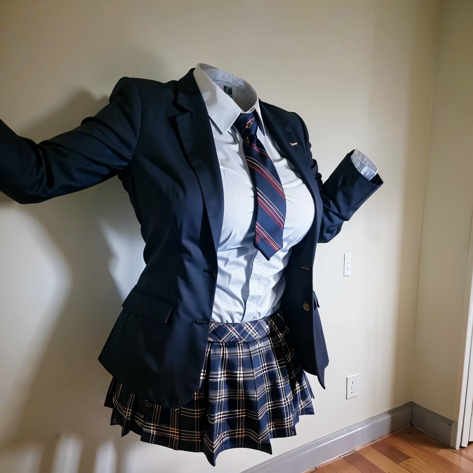 school blazer on bed, plaid skirt, stripe tie, fat, cute big breasts, (invisible, no human, headless, handless:1.5)