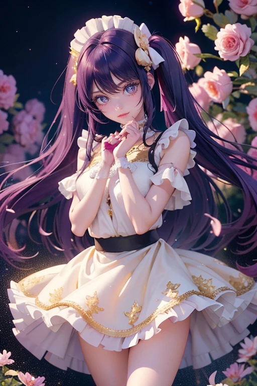 1girl, Ai Hoshino_(Oshi no Ko), centered girl, perfectly body, perfectly hands, solo, jewelry, lavender, rabbit jewel on her hair, ornament hair, twintails, rabbit jewel on her hair, purple hair, long hair, long flowing hair, floating hair, ornament hair, perfectly body, perfectly hands, garden scenery, magenta rose on hair, Looking at the audience, flowing hair, Beautiful Eyes, Plump and glossy lips, maid, maid dress, maid headdress, maid apron, white apron, dress with too many frills, white dress, magenta laces, white Short skirt, small skirt, skirt with layers, Drape clothes, magenta gem, Lace trim, bright stage in the garden, luxury gold details, gold jewelry, more details, best quality, Big sparkling eyes, blushing, black Striped Lace Stockings, white Lolita skirt, sparkle, solo, centered girl, cowboy shot, lace garter, perfectly body, perfectly hands, two arms, two legs, two hands, five fingers, perfect anatomy, glowing hair, magenta roses, in garden, sparkles, more details on her clothes, dress with transparency, magenta details on her dress, night ((4k, masterpiece, top-quality)), 8k, best quality, high resolution, UHD, (illustration:0.8), super cute girl, delicate and beautiful face, mature girl, super cute hairstyle, (beautiful detailed eyes:1.6), extremely detailed face, perfect lighting, extremely detailed CG, (perfect hands, perfect anatomy), Best quality, cleavage