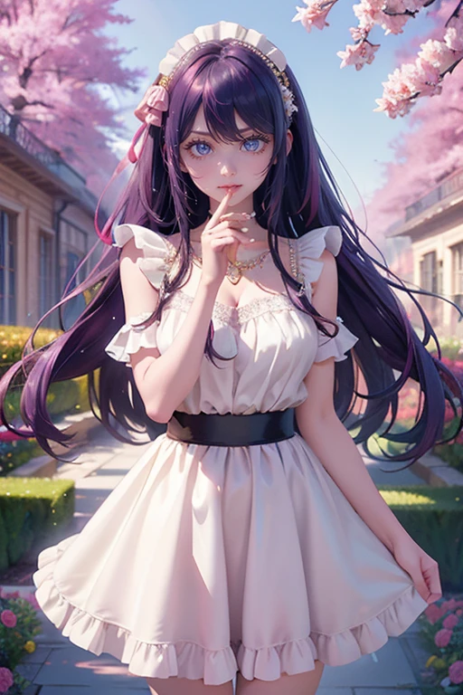 1girl, Ai Hoshino_(Oshi no Ko), centered girl, perfectly body, perfectly hands, solo, jewelry, lavender, rabbit jewel on her hair, ornament hair, twintails, rabbit jewel on her hair, purple hair, long hair, long flowing hair, floating hair, ornament hair, perfectly body, perfectly hands, garden scenery, magenta rose on hair, Looking at the audience, flowing hair, Beautiful Eyes, Plump and glossy lips, maid, maid dress, maid headdress, maid apron, white apron, dress with too many frills, white dress, magenta laces, white Short skirt, small skirt, skirt with layers, Drape clothes, magenta gem, Lace trim, bright stage in the garden, luxury gold details, gold jewelry, more details, best quality, Big sparkling eyes, blushing, Striped Lace Stockings, white Lolita skirt, sparkle, solo, centered girl, cowboy shot, perfectly body, perfectly hands, two arms, two legs, two hands, five fingers, perfect anatomy, glowing hair, magenta roses, in garden, sparkles, more details on her clothes, dress with transparency, golden details on her dress, night, holding a bouquet, ((4k, masterpiece, top-quality)), 8k, best quality, high resolution, UHD, (illustration:0.8), super cute girl, delicate and beautiful face, mature girl, super cute hairstyle, (beautiful detailed eyes:1.6), extremely detailed face, perfect lighting, extremely detailed CG, (perfect hands, perfect anatomy), Best quality, cleavage