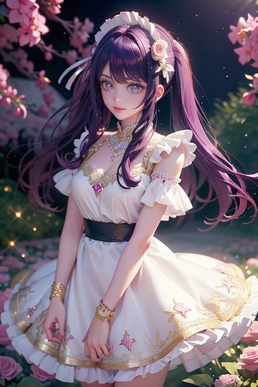 1girl, Ai Hoshino_(Oshi no Ko), centered girl, perfectly body, perfectly hands, solo, jewelry, lavender, rabbit jewel on her hair, ornament hair, twintails, rabbit jewel on her hair, purple hair, long hair, long flowing hair, floating hair, ornament hair, perfectly body, perfectly hands, garden scenery, magenta rose on hair, Looking at the audience, flowing hair, Beautiful Eyes, Plump and glossy lips, maid, maid dress, maid headdress, maid apron, white apron, dress with too many frills, white dress, magenta laces, white Short skirt, small skirt, skirt with layers, Drape clothes, magenta gem, Lace trim, bright stage in the garden, luxury gold details, gold jewelry, more details, best quality, Big sparkling eyes, blushing, Striped Lace Stockings, white Lolita skirt, sparkle, solo, centered girl, cowboy shot, perfectly body, perfectly hands, two arms, two legs, two hands, five fingers, perfect anatomy, glowing hair, magenta roses, in garden, sparkles, more details on her clothes, dress with transparency, golden details on her dress, night, holding a bouquet, ((4k, masterpiece, top-quality)), 8k, best quality, high resolution, UHD, (illustration:0.8), super cute girl, delicate and beautiful face, mature girl, super cute hairstyle, (beautiful detailed eyes:1.6), extremely detailed face, perfect lighting, extremely detailed CG, (perfect hands, perfect anatomy), Best quality, cleavage