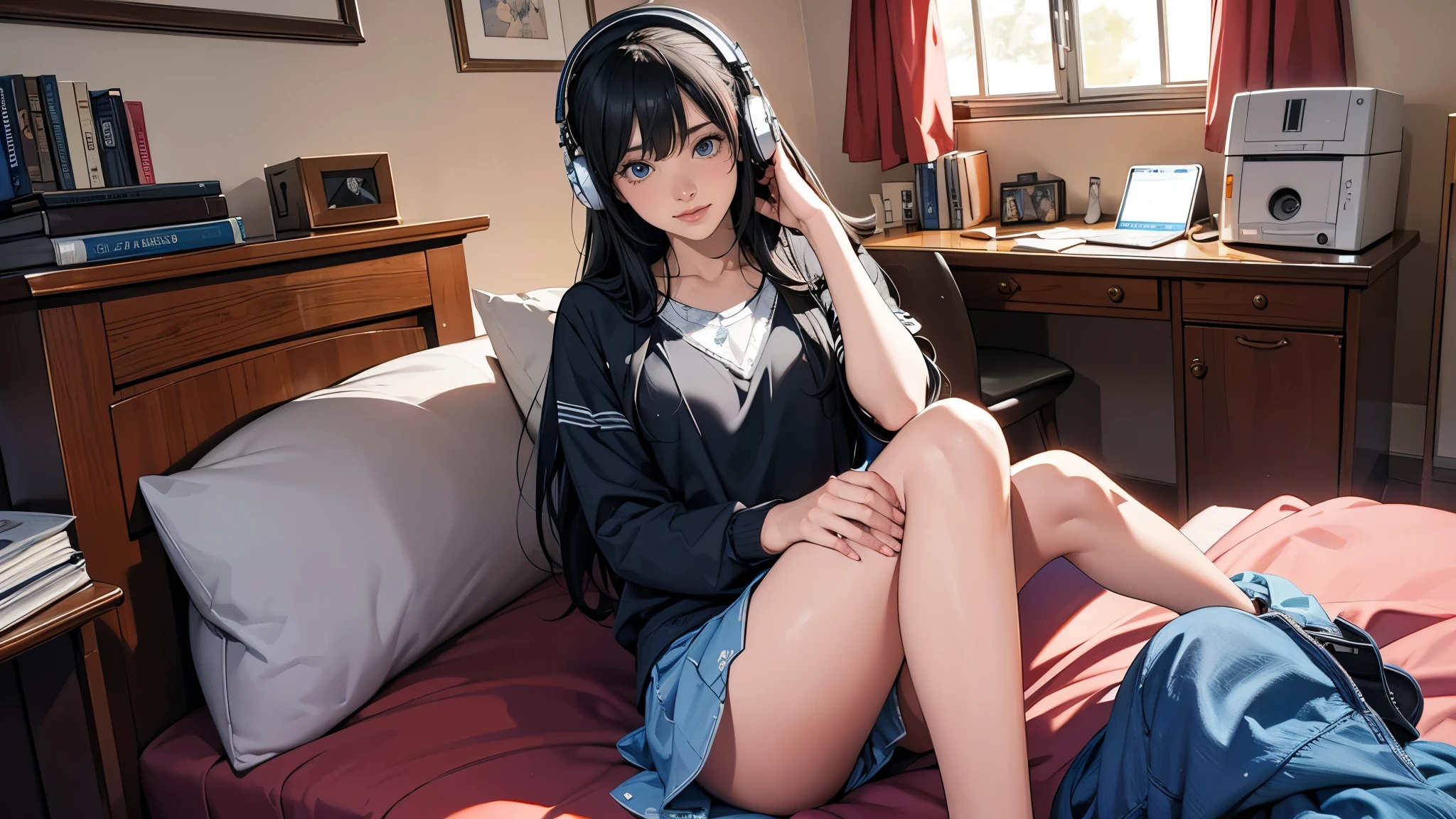Ultra HD、super high quality、masterpiece、detailed、8K、The place is your room、A high school girl in her room1Person sitting and listening to music on headphones、studying、15-year-old high school girl、The high school girl is Russian and has long black hair.、Has blue eyes、She has a flower tattoo and a glamorous figure.、The clothes she's wearing are one-piece dresses.、Black lace stocking on the left leg only、Pretty sexy、Lo-Fi images