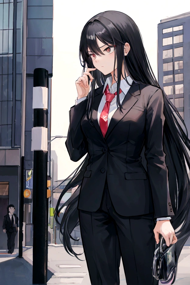 Comic like a girl with long hair, black hair, in a business suit, talking on the phone