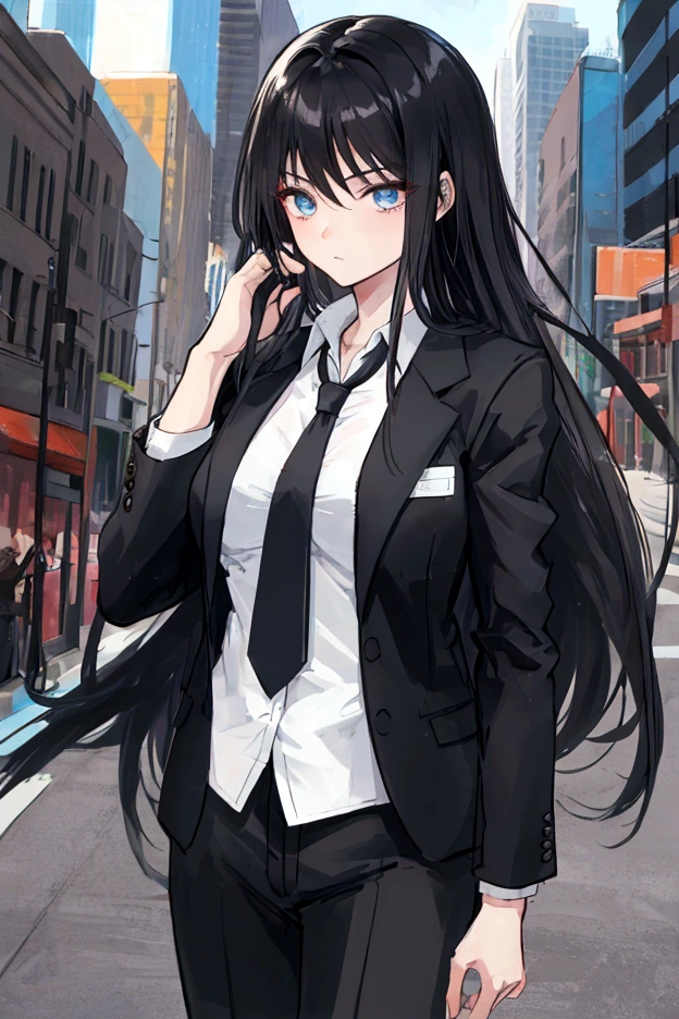 Comic like a girl with long hair, black hair, in a business suit, talking on the phone 