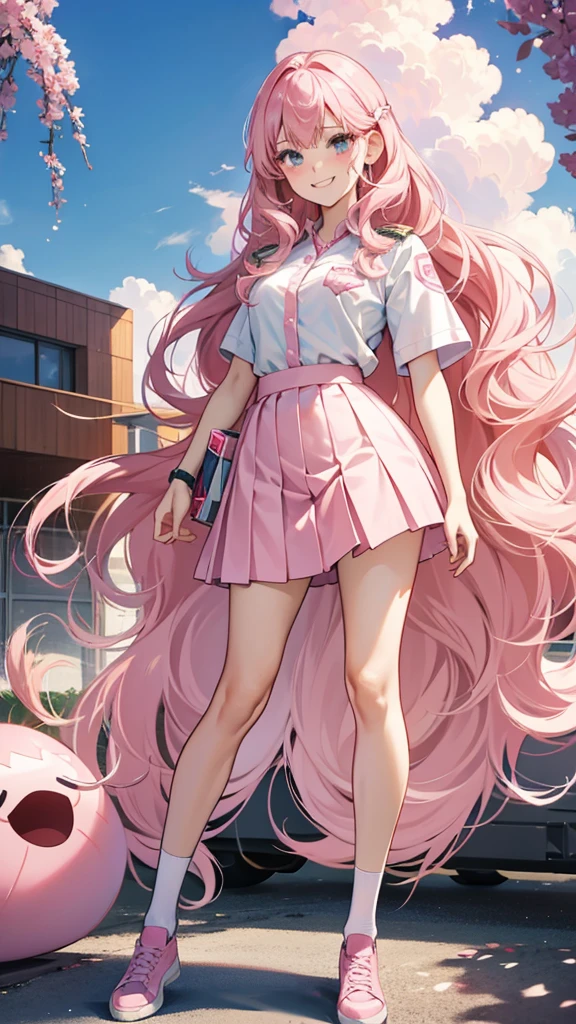 18-year-old、high school girl、smug face、Fluffy wavy hair、Gal、Pink Hair、blush、smug face、Short sleeve、White Uniform、Pink Skirt、Mature、eight-headed body、Beauty、Full body portrait、Standing pose