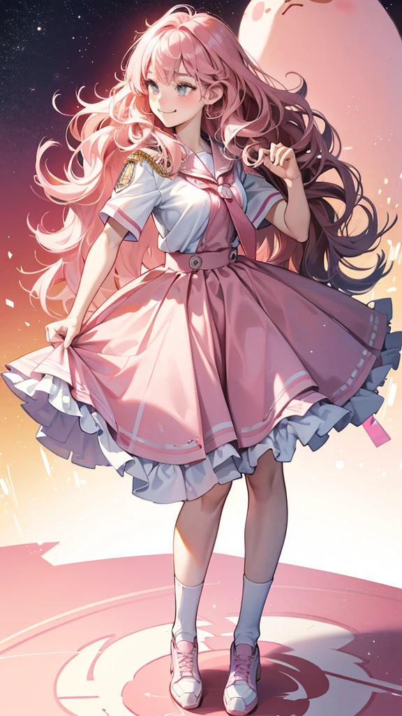 18-year-old、high school girl、smug face、Fluffy wavy hair、Gal、Pink Hair、blush、smug face、Short sleeve、White Uniform、Pink Skirt、Mature、eight-headed body、Beauty、Full body portrait、Standing pose