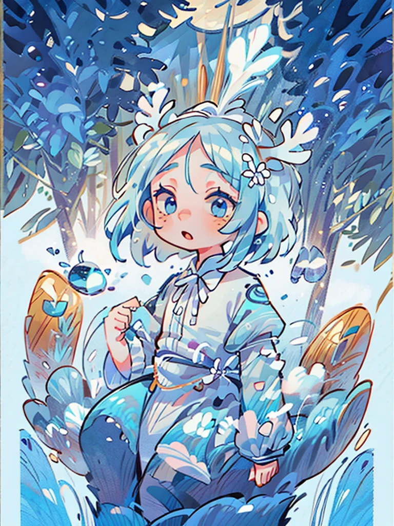 chibi, masterpiece, best quality, extremely detailed, detailed background, detailed face, 1girl, solo, pale skin, long blue hair which each strands were being lifted up by butterflies, deer ears, white deer horns, white dress, blue flower, good finger, perfect face, intricate details, mystical forest theme, tarot, black background, celestial