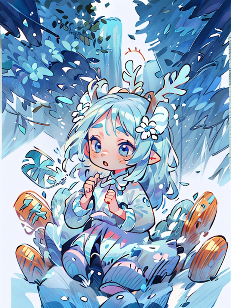 chibi, masterpiece, best quality, extremely detailed, detailed background, detailed face, 1girl, solo, pale skin, long blue hair which each strands were being lifted up by butterflies, deer ears, white deer horns, white dress, blue flower, good finger, perfect face, intricate details, mystical forest theme, tarot, black background, celestial