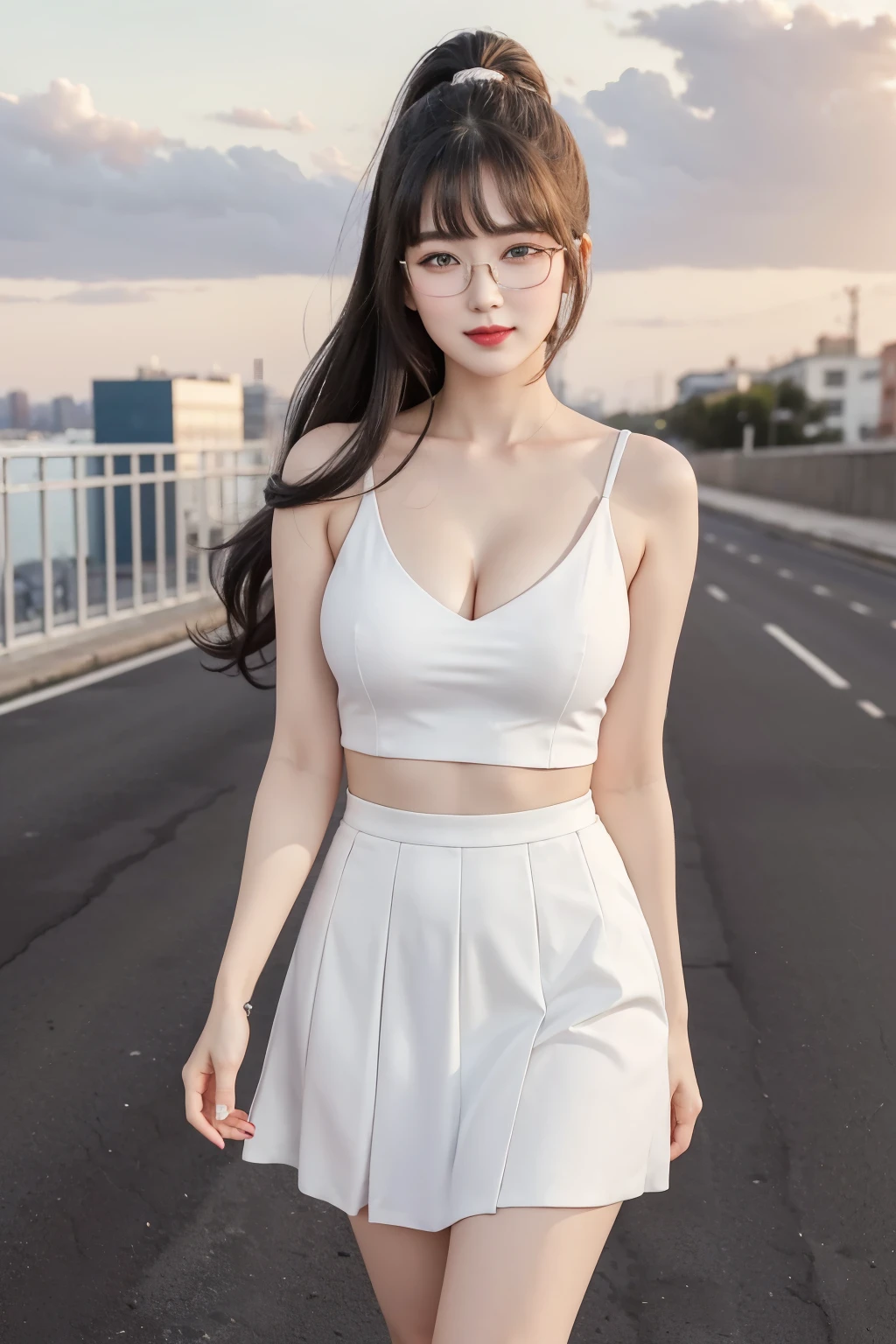 ((Best quality, masterpiece, detailed)), (RAW, 4k, hd images), shy, 1 girl, 18 years old, white skin, long hair, ponytail, layers hair, bangs, black hair, beautiful girl, cute girl, sweet girl, pretty girl, perfect girl, perfect eyes, pretty eyes, blue eyes, thin lips, thin, (eye line, lip stick soft), perfect , glasses(detailed frame), sunset atmosphere in the city, smile, white formal clothes, black short skirt, high heels, walking