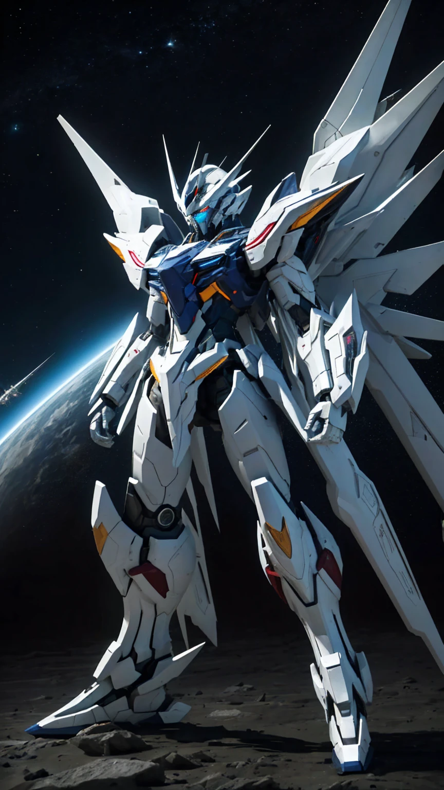 The Mighty Strike Freedom floating in the dark space、Its huge size is particularly eye-catching。A cold and quiet star々In the sea、The metallic luster of the aircraft sparkles in the starlight.。In the background、A star twinkling in the distance々And pitch black darkness spreads、A sense of infinite expanse。
The body is a fusion of sharp lines and a solid design.、Overwhelming presence。The wings on both shoulders spread out、The glow of the energy field pulsates like a living thing.。The whole aircraft、Precisely placed details、It combines the precision of a living organism with the cold-heartedness of a machine.。
In the eyes of Mighty Strike Freedom、The red light dwells、Conveying a strong will and determination to the viewer。His gaze is sharp、It's as if he's gazing into the distance。Beam weapons and missile pods are attached to the whole body.、It shows that they are ready for battle.。
In the background、The pale earth shines small、Makes you feel part of an infinite universe。In this solitude and vastness、The Mighty Strike Freedom stands out with its presence.、It continues to exude a quiet dignity.。