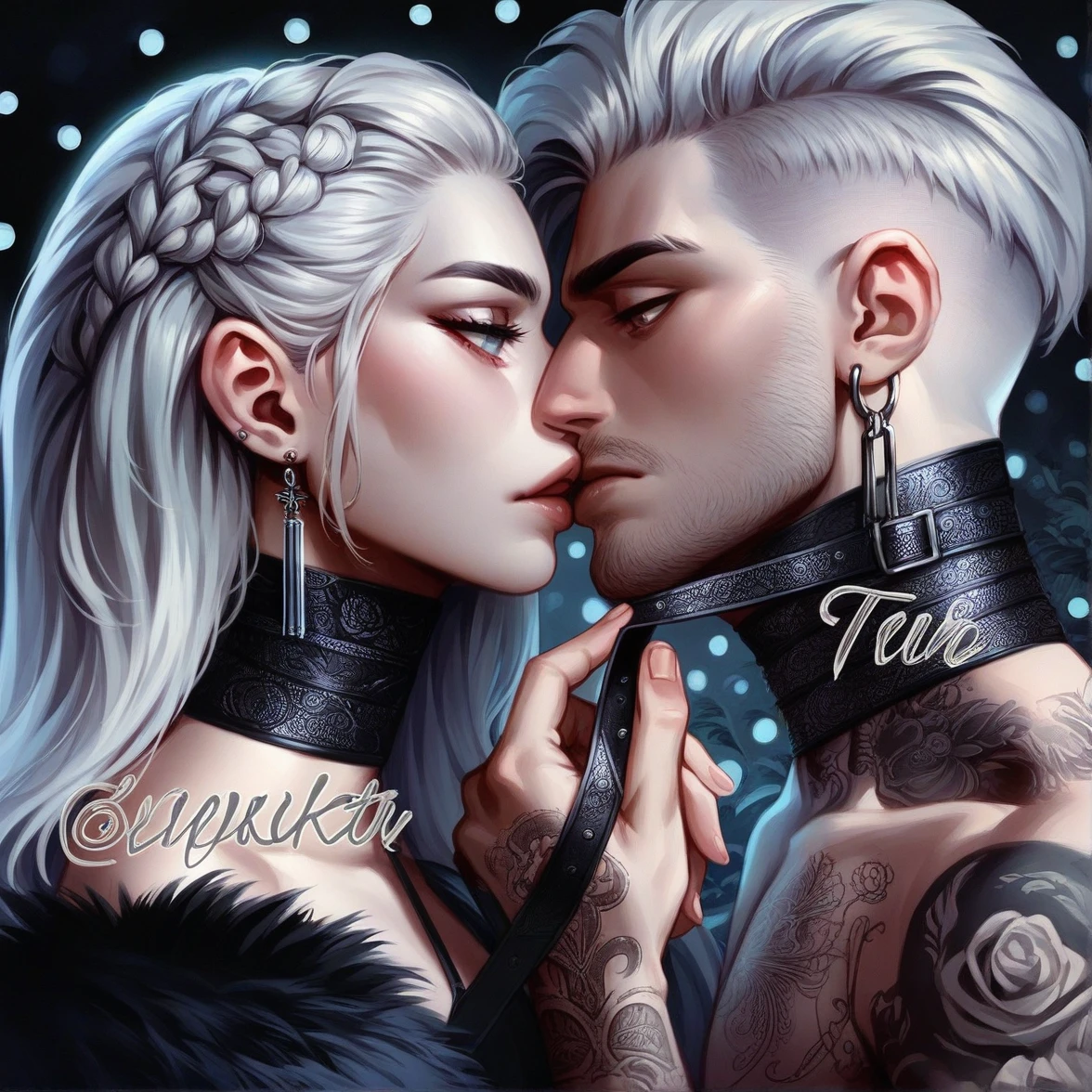 A hyper-realistic 8k highly detailed, portrait, gothic painting, sultry of a close-up of Korean couple facing each other intimately. Both couples have platinum blonde hair; the female has intricate braids, and the male has a modern undercut. They are wearing matching black blinds folded & with straps, adorned the male had black strap in his mouth, The background is Tokyo and lights effect creating a glamorous atmosphere. The male has tattoos on his arm