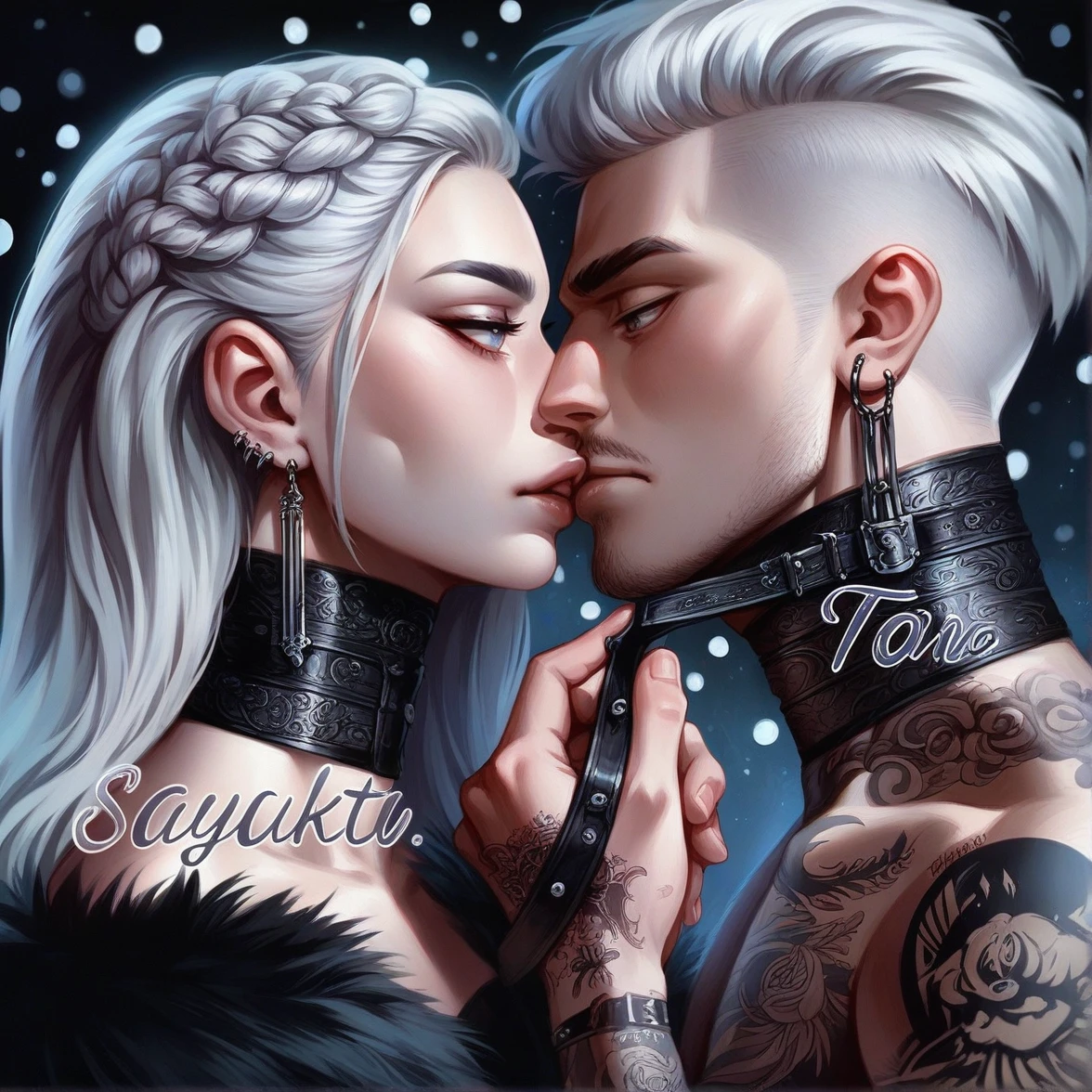 A hyper-realistic 8k highly detailed, portrait, gothic painting, sultry of a close-up of Korean couple facing each other intimately. Both couples have platinum blonde hair; the female has intricate braids, and the male has a modern undercut. They are wearing matching black blinds folded & with straps, adorned the male had black strap in his mouth, The background is Tokyo and lights effect creating a glamorous atmosphere. The male has tattoos on his arm