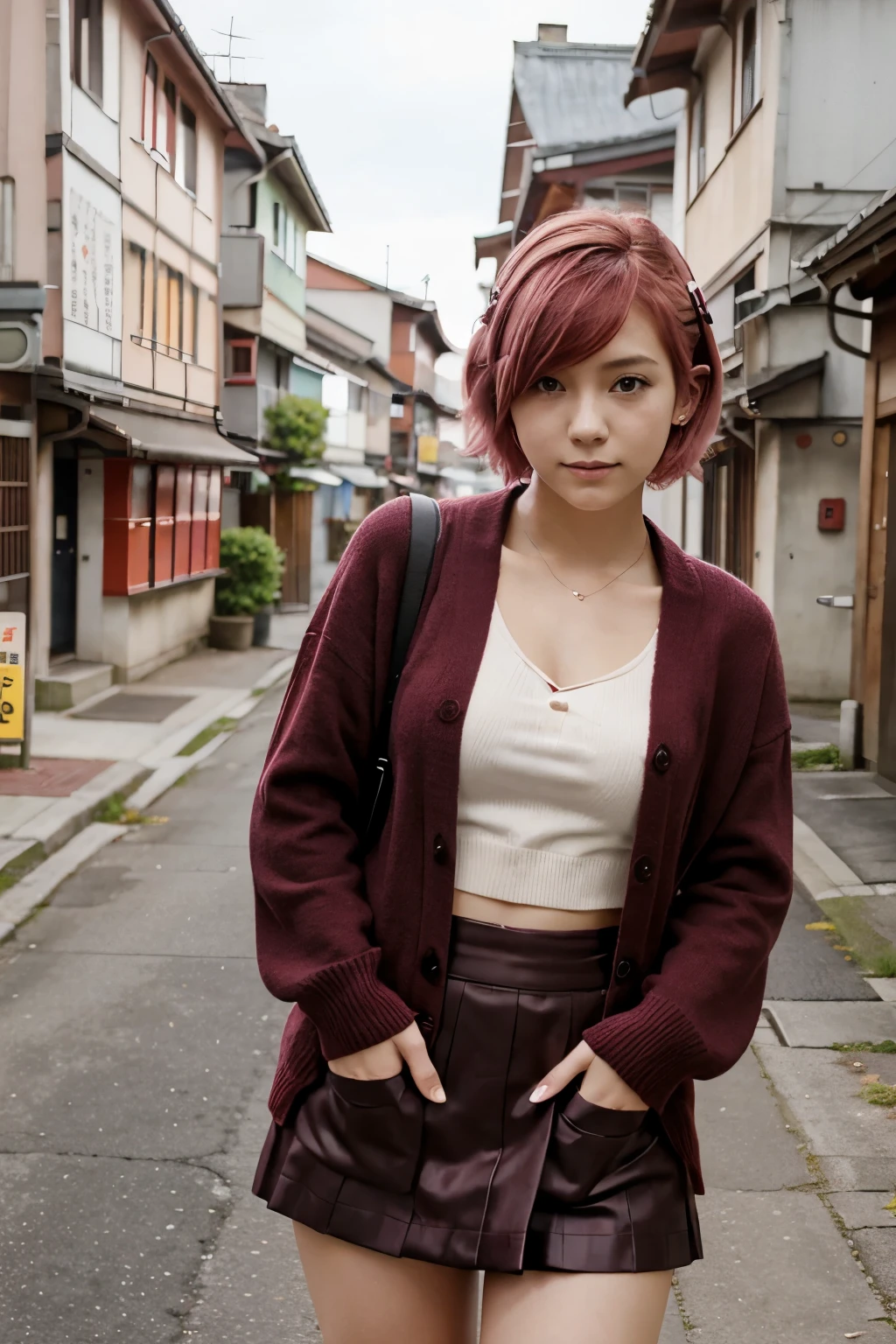 18 year old girl with Japanese anime style short pink hair, her face is of Japanese-German descent wearing a maroon colored cardigan with a short skirt, make a anime cartoons style