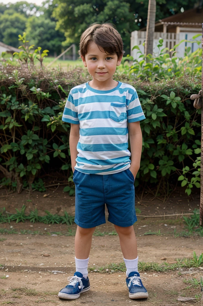 7 year old boy with short brown hair and blue eyes. Usually wears simple and comfortable clothes, such as striped t-shirts and shorts, with shoes that were a bit worn because they were often worn playing in the fields and around the village.