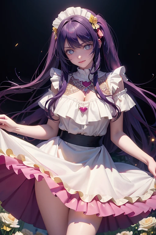 1girl, Ai Hoshino_(Oshi no Ko), centered girl, perfectly body, perfectly hands, solo, jewelry, lavender, rabbit jewel on her hair, ornament hair, twintails, rabbit jewel on her hair, purple hair, long hair, long flowing hair, floating hair, ornament hair, perfectly body, perfectly hands, garden scenery, magenta rose on hair, Looking at the audience, flowing hair, Beautiful Eyes, Plump and glossy lips, maid, maid dress, maid headdress, maid apron, white apron, dress with too many frills, white dress, magenta laces, white Short skirt, small skirt, skirt with layers, Drape clothes, magenta gem, Lace trim, bright stage in the garden, luxury gold details, gold jewelry, more details, best quality, Big sparkling eyes, blushing, Striped Lace Stockings, white Lolita skirt, sparkle, solo, centered girl, cowboy shot, perfectly body, perfectly hands, two arms, two legs, two hands, five fingers, perfect anatomy, glowing hair, magenta roses, in garden, sparkles, more details on her clothes, dress with transparency, golden details on her dress, night, holding a bouquet, ((4k, masterpiece, top-quality)), 8k, best quality, high resolution, UHD, (illustration:0.8), super cute girl, delicate and beautiful face, mature girl, super cute hairstyle, (beautiful detailed eyes:1.6), extremely detailed face, perfect lighting, extremely detailed CG, (perfect hands, perfect anatomy), Best quality, cleavage