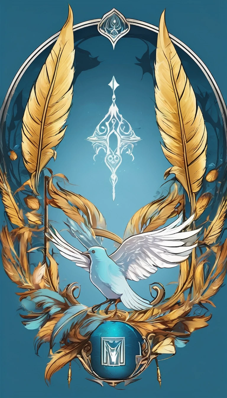 Create a minimalistic, simple, fantastic, easy to understand, logo design of a boy and a feather for an upcoming Fantasy Role Playing Game called " Penamemoria". The game is about a world full of bird and feathers. A boy enters that world and discovers his true artistic identity. Create a logo design that transmits the essence of this videogame. It´s a fantasy game, with fantasy elements. Create the logo in the center and a fantasy theme as background. Use the colours light blue, white, yellow golden in the logo. The logo design must convey a sense of fantasy, dreams, memories and music. Must convey a feeling of being a true Dreamer