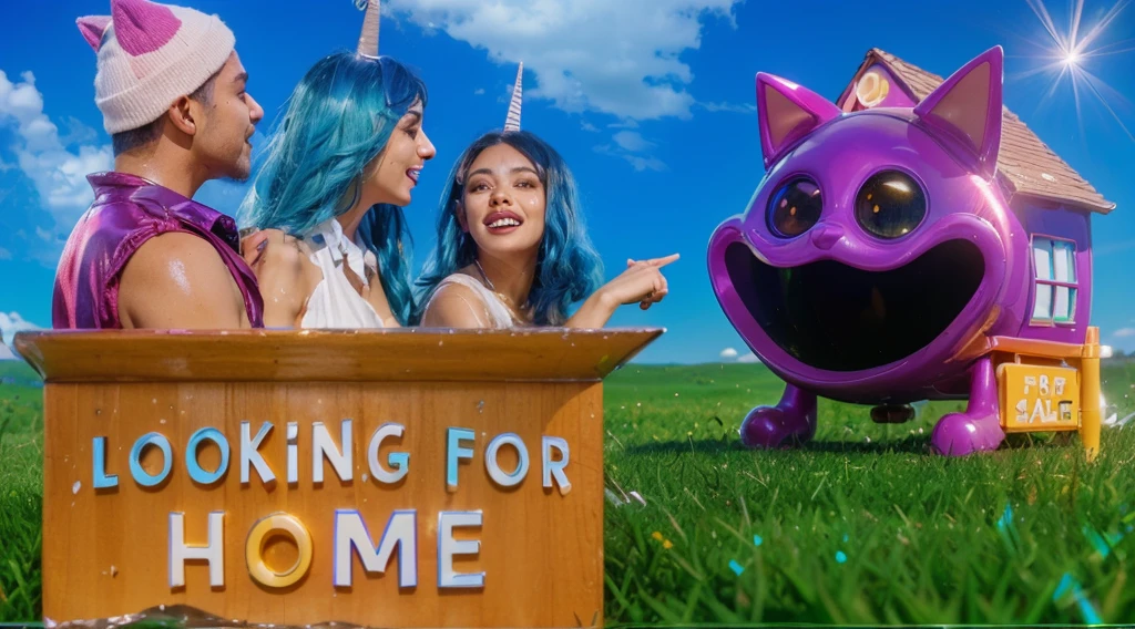 The image depicts a whimsical house designed to resemble a shiny purple cat with a wide, joyful expression. The house is rounded with exaggerated cat features, including large, pointy ears, big black eyes, and a wide-open mouth forming a comical and inviting entrance. The structure sits on a vibrant green hill, with an orange pathway leading up to it, giving a playful and imaginative atmosphere. The sky is a clear blue, enhancing the bright and cheerful scene. The overall design combines creativity and fun, making the house look like a lively, animated character. Create цветной рендеринг zbrush. perfect cgi, cgi art created only with gradients, smooth silhouette, Create ultra sharp skin, high intensity refraction, (plastic material), most beautiful vfx, blue background, plastic refractions, glossy texture, smooth 3d model, multiple light sources, rim light, sharp post effects render, (glossy plastic texture with multiple big light probe refractions), perfect cgi, cgi art created only with gradients, smooth silhouette, high intensity refraction, (plastic material), most beautiful vfx, blue background, plastic refractions